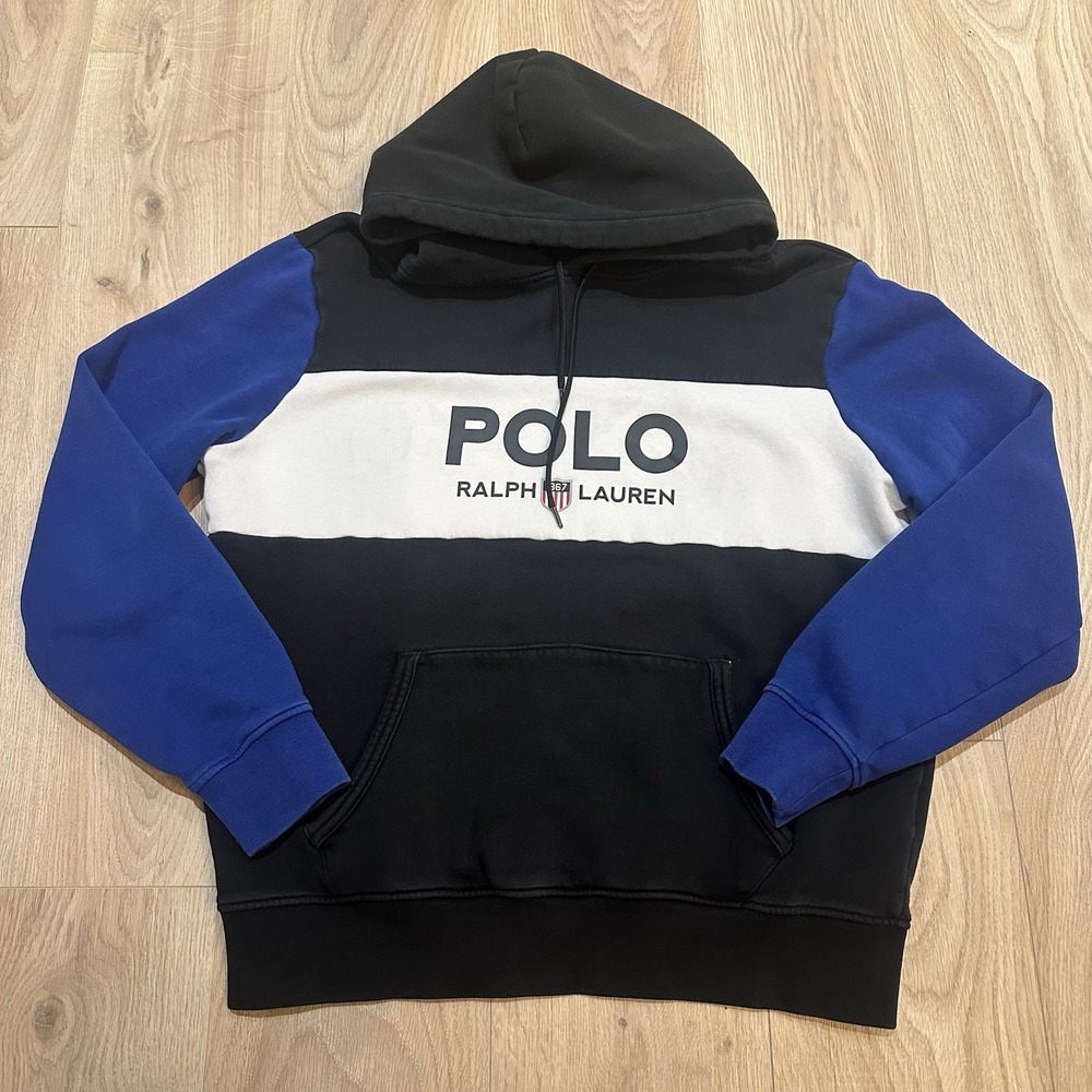 Polo Ralph Lauren Hoodie Mens Large Black Blue USA Shield Logo Sweatshirt Y2K